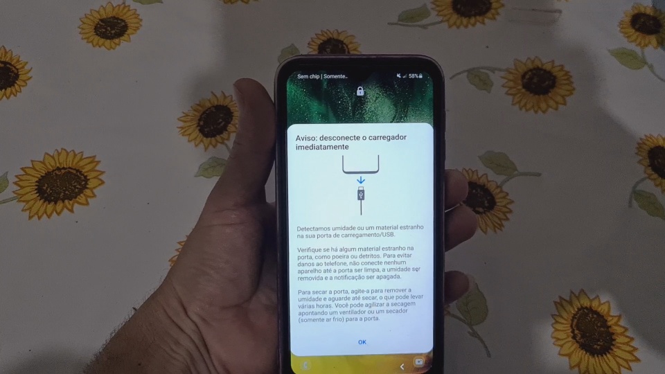 Aviso desconecte o carregador imediatamente detectamos umidade ou um material estranho.