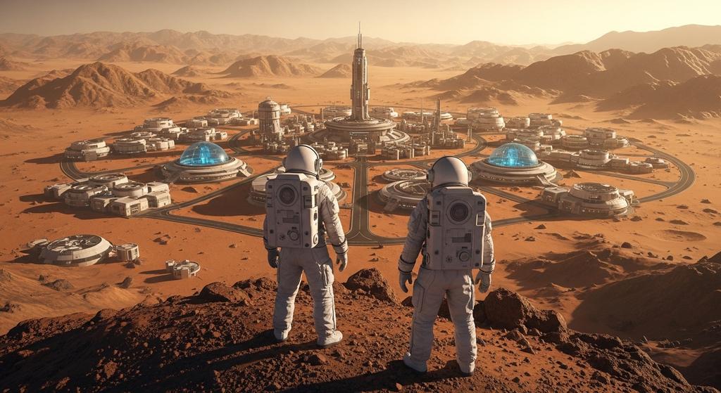 Dois astronautas observam uma colônia humana futurista em Marte, com domos tecnológicos, instalações científicas e estruturas avançadas no planeta vermelho.