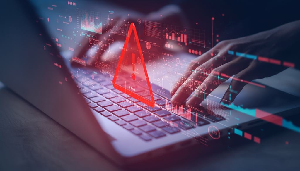 Alerta de segurança em notebook representando vírus ou malware que afeta o desempenho do computador e causa lentidão no sistema.