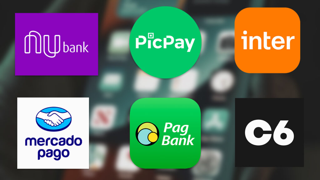 Logos de bancos digitais e fintechs brasileiras como Nubank, PicPay, Inter, Mercado Pago, PagBank e C6 Bank representando a transformação das finanças digitais no Brasil